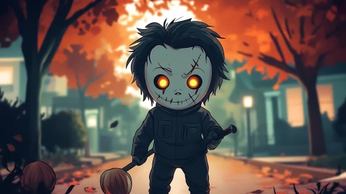 Cute masked horror child glows against moody fall street.