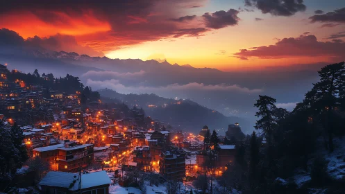 Mountain city glows under storm lit winter sunset sky.