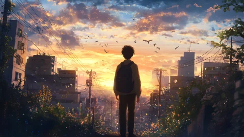 Silhouetted student overlooks urban sunset in cinematic anime city