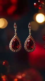 Gold teardrop earrings display deep red gemstones precisely