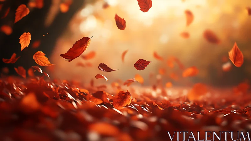 Red autumn leaves swirling over a forest floor in wind