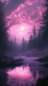 Iridescent magenta dusk illuminates misty conifer river corridor