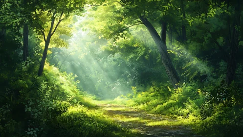 Sunlit forest path in lush green woods, digital painting style.