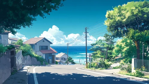 Sunlit coastal hillside street rendered in high-detail anime style