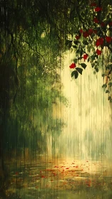 Rainy forest clearing with red flowers and soft light.