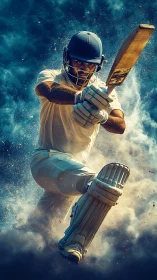 Powerful cricket batter leaps into a dramatic, smoky swing