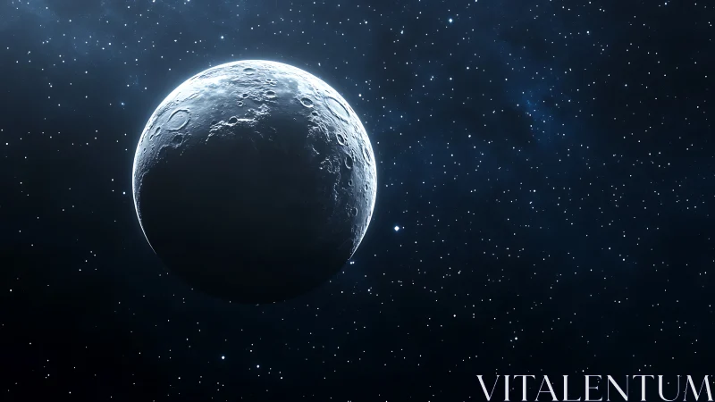 Luminous crescent moon adrift in a deep starfield night.