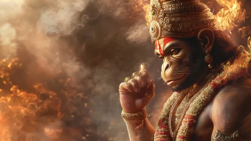 Detailed digital rendering depicts divine simian warrior amid flames