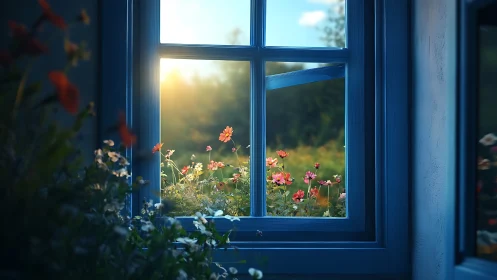 Blue-framed window overlooking sunlit wildflower garden.