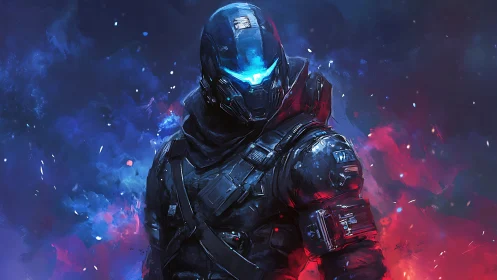 Armored sci fi soldier in illuminated combat exosuit stance.