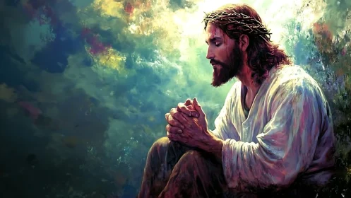 Digital painting of praying robed man with crown of thorns.