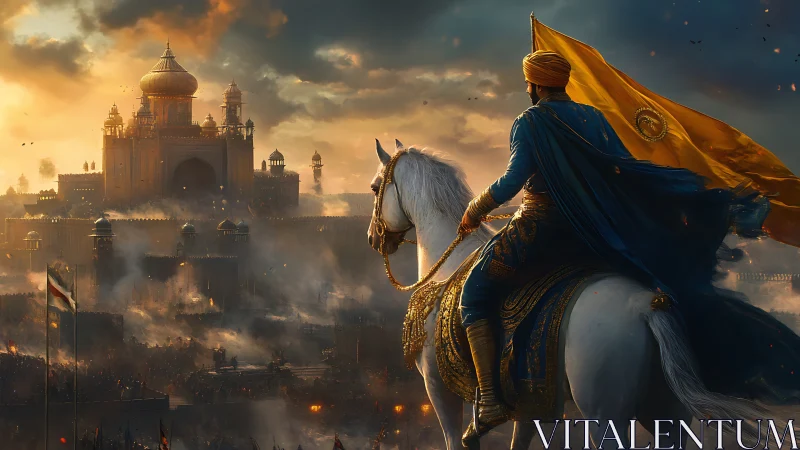 Golden fortress skyline greets a resolute rider at dawn