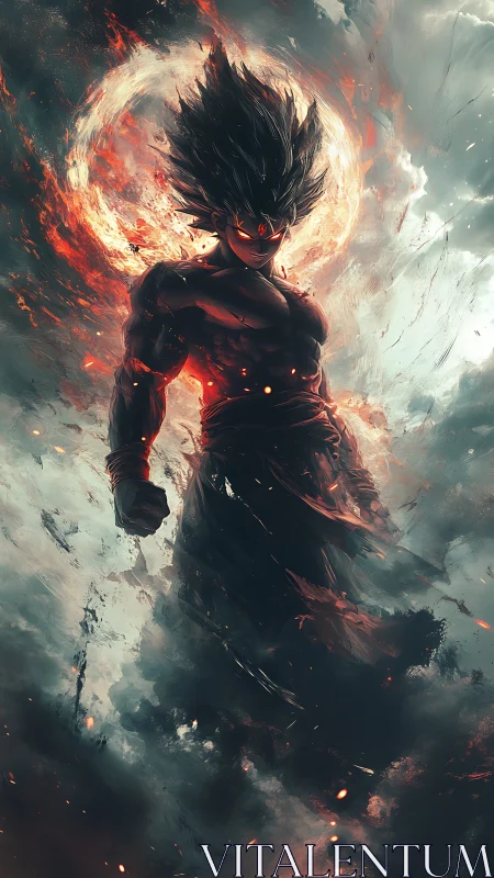 Fiery anime warrior rising through swirling storm clouds.