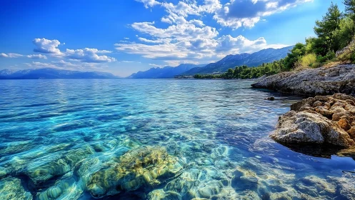 Crystal shallows whisper beneath mountains and summer sky