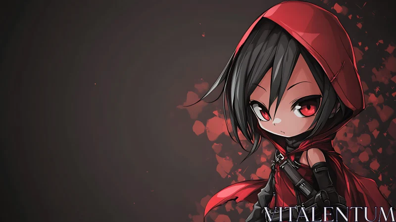 Chibi red-hood assassin with intense red gaze portrait.