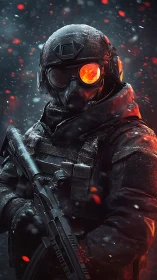 Armored winter soldier stands amid embers and swirling snow