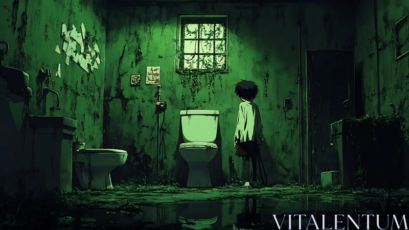 Haunted restroom vigil with lonely child in toxic green gloom.
