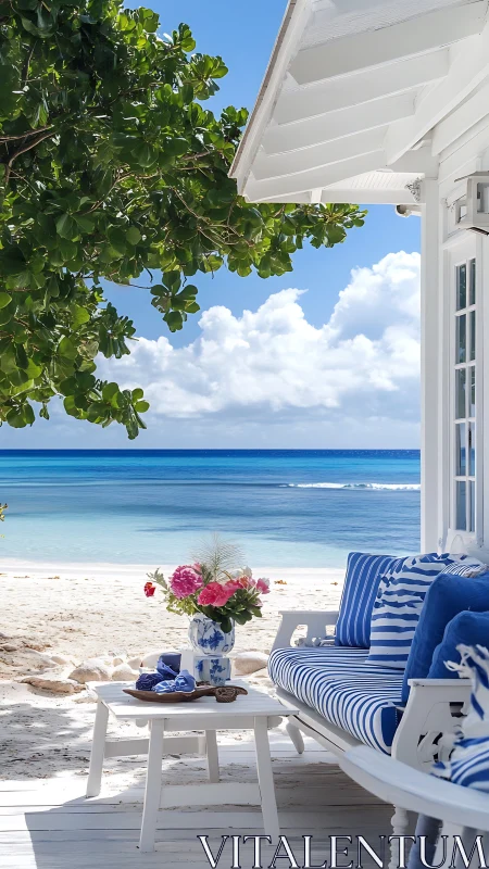 Coastal porch with striped seating beside calm blue ocean.