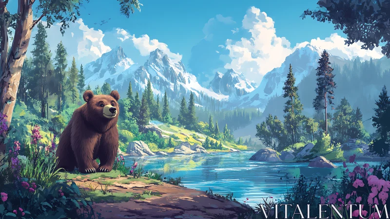 Smiling cartoon bear surveys alpine river under luminous sky