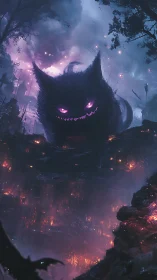 Spectral feline silhouette dominates a smoldering infernal canyon
