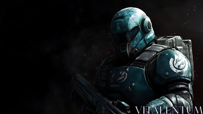Armored sci fi soldier in teal combat exosuit stands ready.