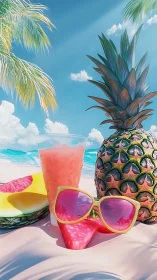 Tropical Beach Scene with Pineapple and Cocktail