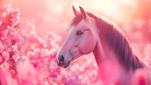 Graceful horse stands in dreamy pink floral sunrise glow