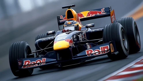 Formula racing car advances on track under overcast light