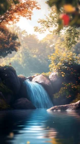 Small forest waterfall flows into calm reflective pool