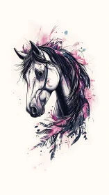 Expressive horse portrait with pink feathered splashes.