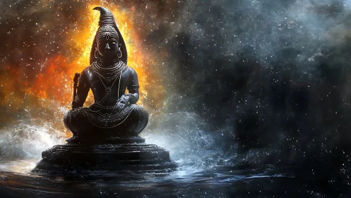 Serene stone deity glowing through fire, mist, and water.