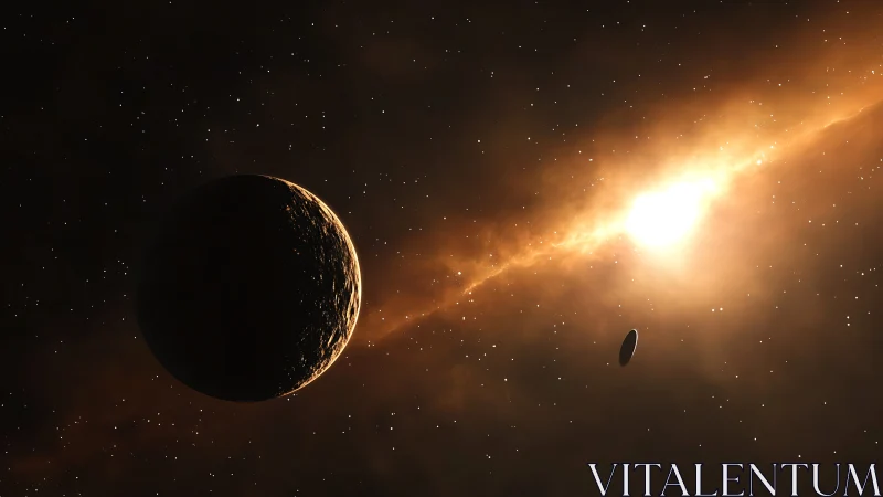 Glowing sunrise gently outlines a lonely distant planet