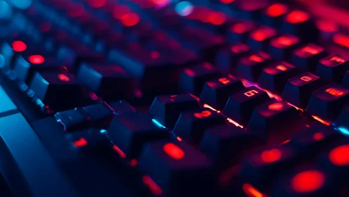 Neon-lit mechanical keyboard in vivid cyber glow closeup.