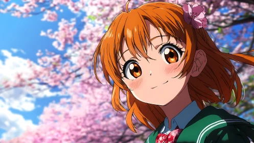 Smiling orange haired anime girl under pink cherry blossoms.
