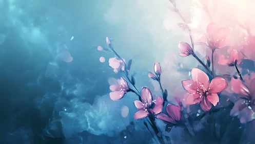 Pink flowers bloom against blue gradient background with bokeh