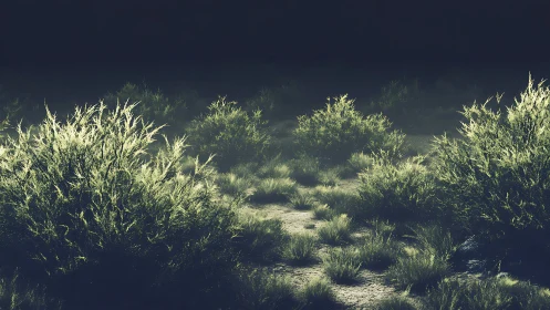Soft desert shrubs glowing gently in quiet twilight calm.