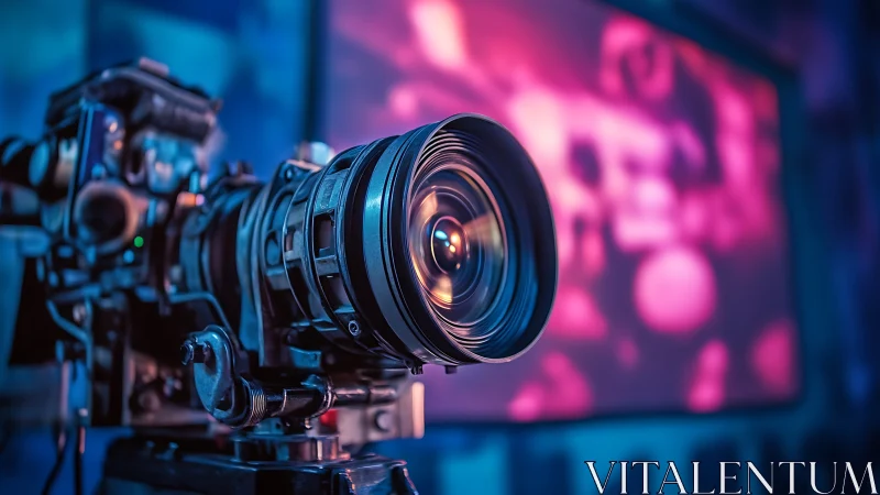 Cinema camera lens glows against neon bokeh studio backdrop