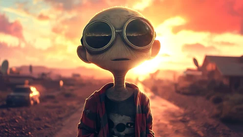 Desert alien youth in oversized goggles at neon sunset.