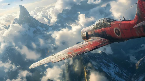 Weathered red single-engine aircraft flies above high peaks