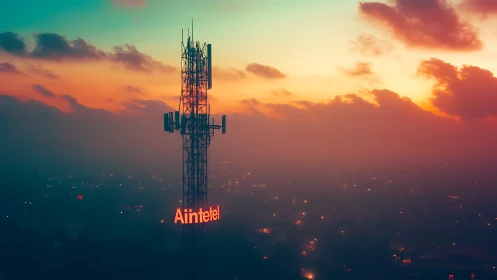 Cell tower rises over foggy city under neon dusk sky