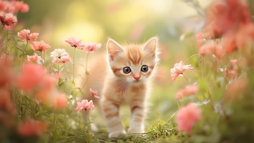 Young feline specimen positioned among flowering plants in garden setting.