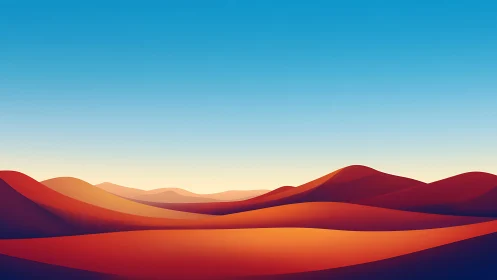 Sunlit desert dunes curve under clear gradient sky