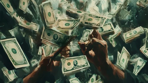 Hands grasping flying dollar bills in loose chaos.