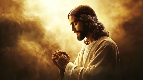 Golden-lit robed figure praying amid radiant atmospheric haze