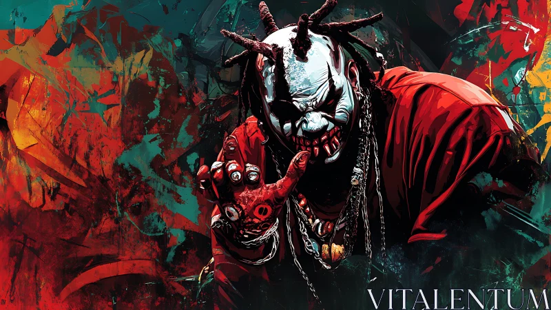 Sinister clown figure emerging from chaotic neon graffiti.