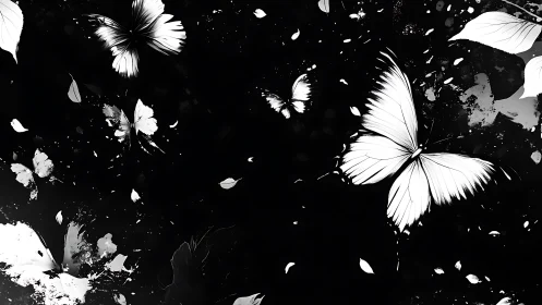 Monochrome lepidoptera swarm amid high-contrast splatter field.