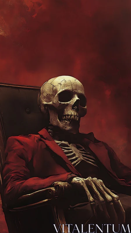 Skeletal figure in red blazer reclined against turbulent crimson haze