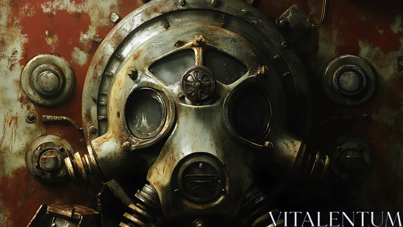 Rusty industrial gas mask panel with heavy metal detail.