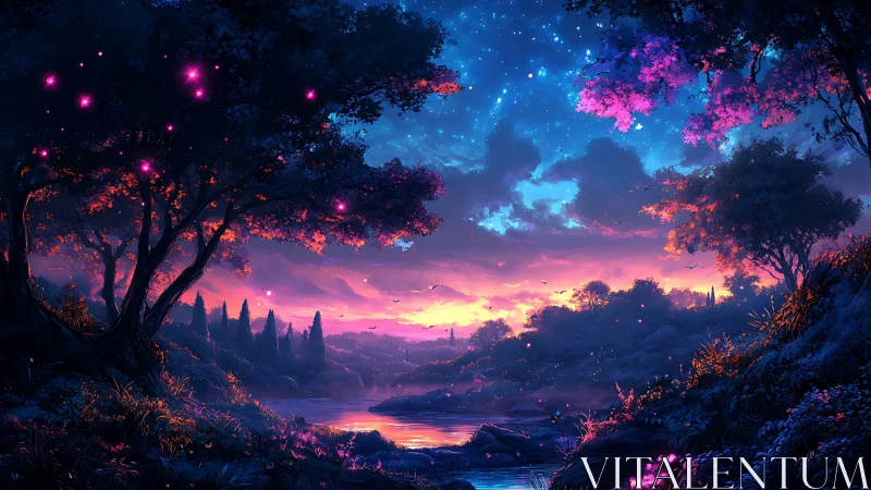 Twilight river hums softly beneath spell-lit forest crowns