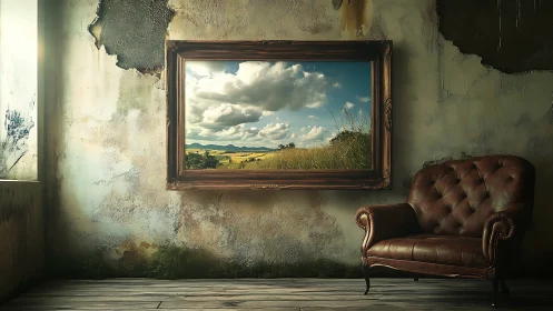 Framed landscape view contrasts with worn interior wall